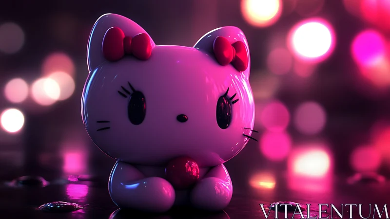 Shiny pink kitty figurine glowing in dreamy city lights.
