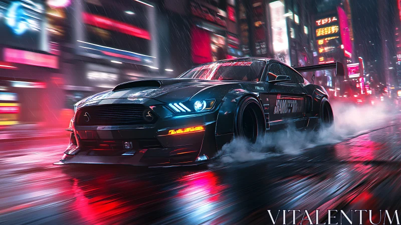 Widebody drift car in neon lit rainy cyberpunk city street