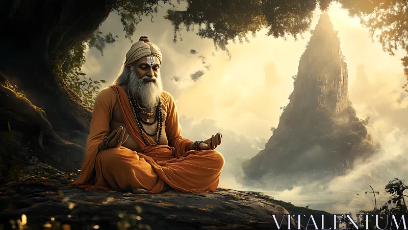 Meditative sage in orange robes before misty peak.
