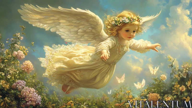 Golden-haired angel child glides over sunlit garden in bloom.