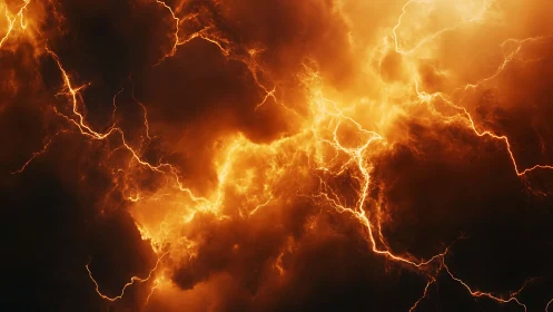 Intense Lightning Storm with Dramatic Orange and Gold Sky.