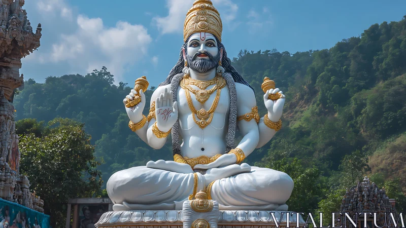 Mountain temple deity statue radiates calm in clear daylight.