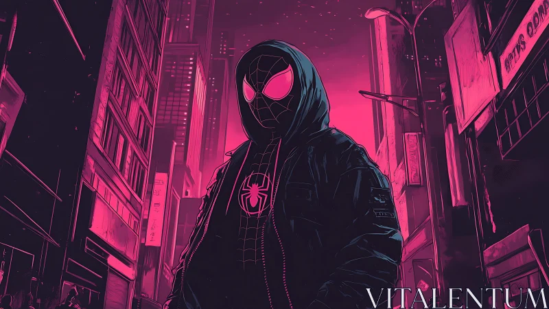Neon-hooded spider hero stalks the midnight magenta skyline.