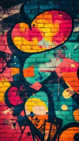 Layered neon graffiti abstraction on textured brick wall.