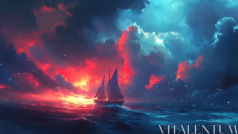 Lone sailing ship crosses fiery sunset and electric sky.