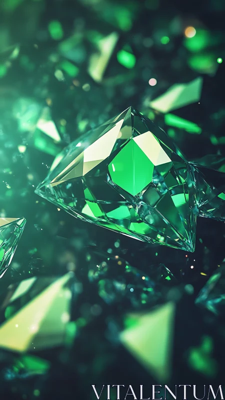 Emerald-cut crystal floats amid blurred green shards