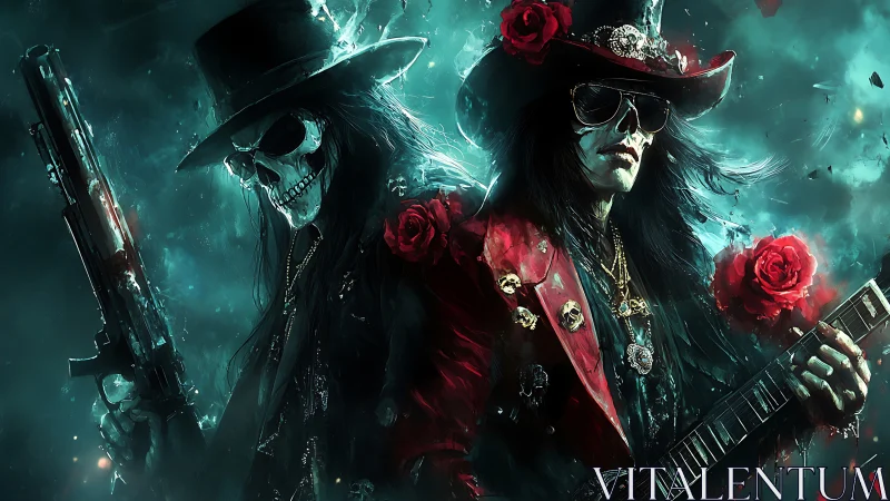 Rebel skeleton rockers share a dark, rose lit stage together