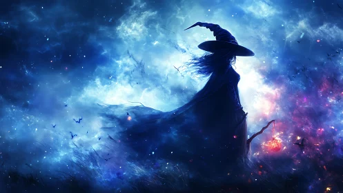 Spectral witch silhouette in turbulent bioluminescent nebula field.