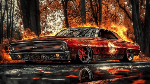 Flaming custom muscle car on wet forest road at dusk.