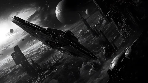 Monochrome starship corridor slices through dense orbital megacity