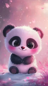 Digital painting of kawaii panda in soft pink bokeh field.