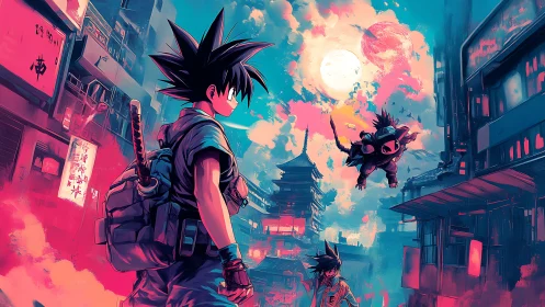 Neon samurai wanderers under twin moons in anime city.