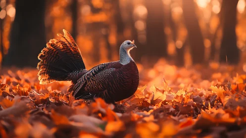 Wild turkey in backlit autumn leaf litter, high bokeh field.