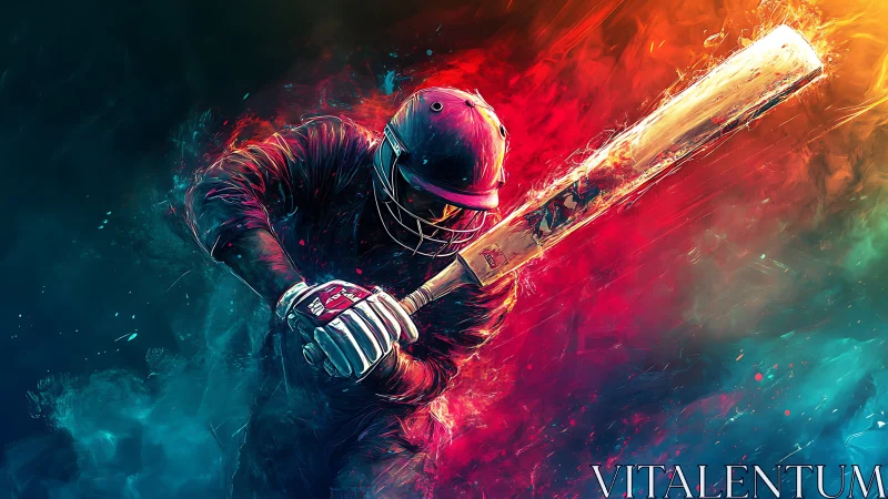 Cricket batter in bold swing amid vivid split colors.