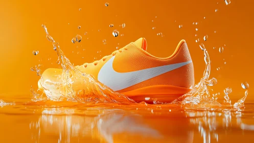 Dynamic orange running shoe in high-speed water splash studio.