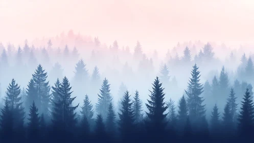 Misty Coniferous Forest Layered in Atmospheric Haze