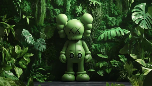 Monochrome vinyl figure embedded in dense tropical foliage wall.