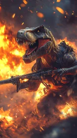 Armored T-Rex storming a battlefield in blazing inferno.