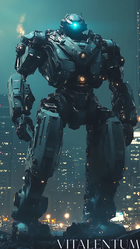 Neon-eyed titan robot guarding a rain-glossed cyber cityscape.
