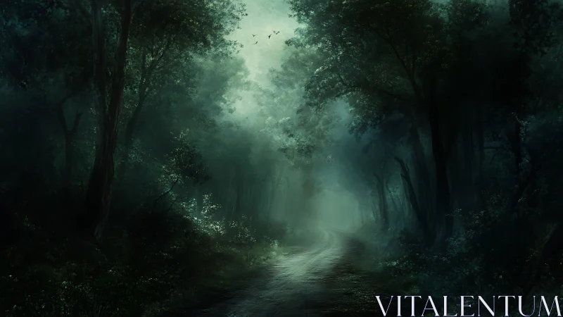 Misty Forest Road Through Dense Vegetation