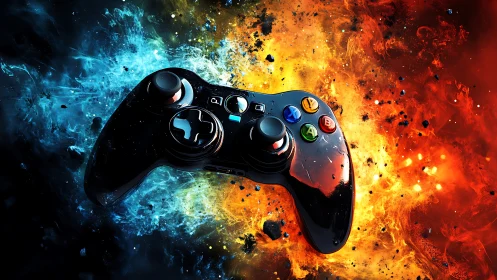 High-gloss gamepad suspended between dual-color explosive energy fields