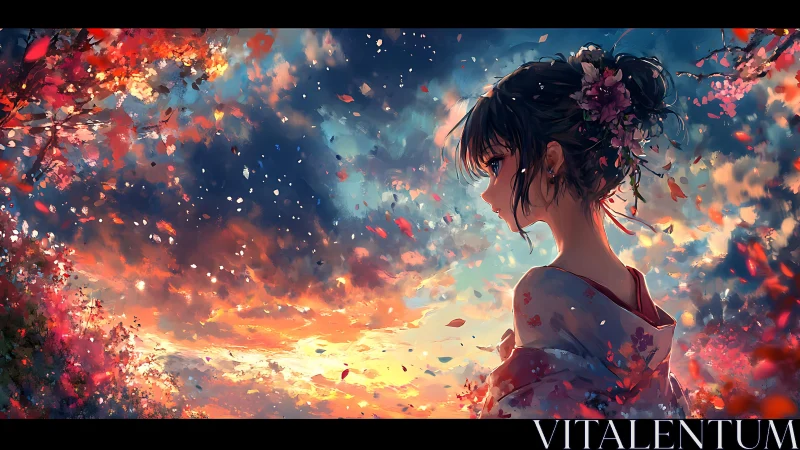 Side profile of kimono girl against dense sunset sky.