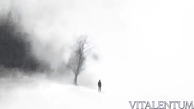Quiet winter wanderer beside a lone tree in soft fog.