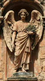 Weathered stone angel statue within architectural niche.
