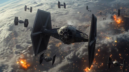 Tie fighter squadron crosses cloud layer during intense battle