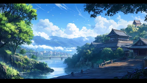 Riverside town with traditional hillside complex in sunlight.