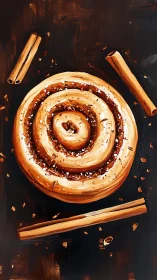 Spiraled cinnamon pastry twirls across dark, velvety canvas.