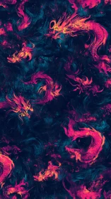 Neon magenta dragons on dark abstract swirling background.