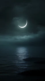 Crescent moon light reflects on dark, calm ocean surface