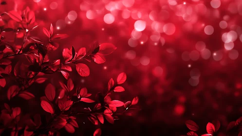 Crimson foliage silhouette over glowing red bokeh field.