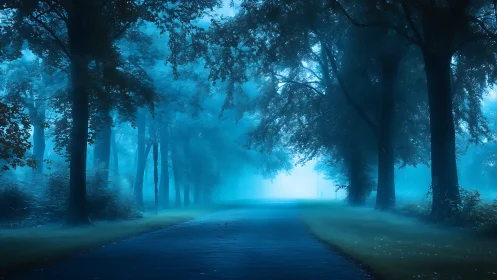 Foggy blue forest road glows through diffuse morning light