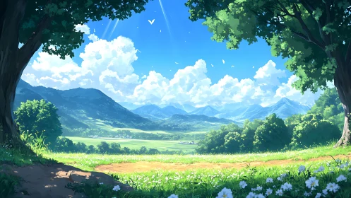 Sunlit mountain valley framed by trees and wildflowers.