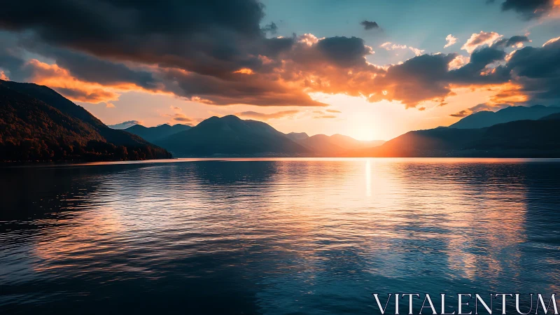Sunset over tranquil lake with glowing mountain silhouettes.