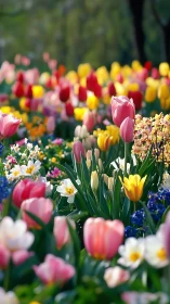 Spring flower garden with pink tulips and daisies in focus