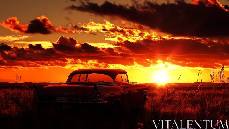 Classic sedan silhouetted against hyper-saturated prairie sunset