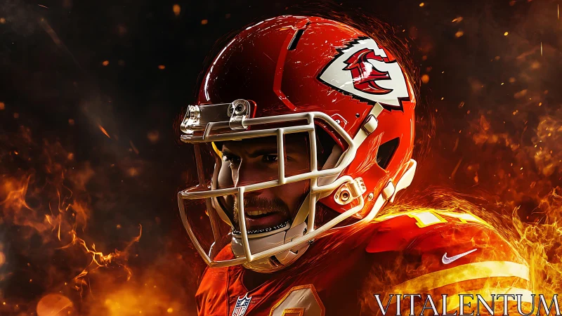 Intense gridiron portrait in fiery red helmet and flames.