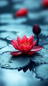 Red Water Lily Floating in Blue Pond Water.