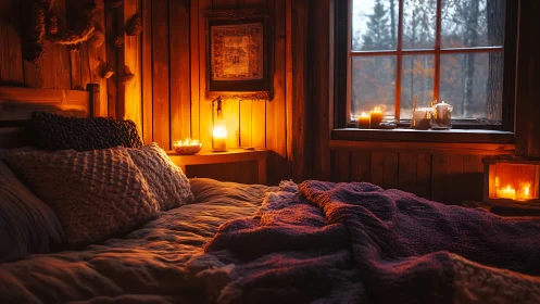 Cozy wooden cabin bedroom shows warm candlelit evening scene