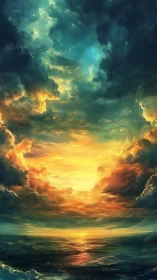 Radiant celestial sunset ignites clouds above tranquil sea.