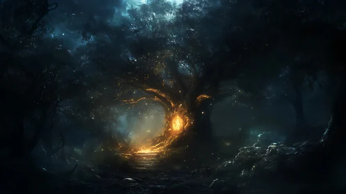 Glowing portal within ancient tree in dark fantasy forest.