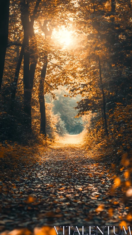 Golden Autumn Pathway Through Forest Canopy at Sunrise.