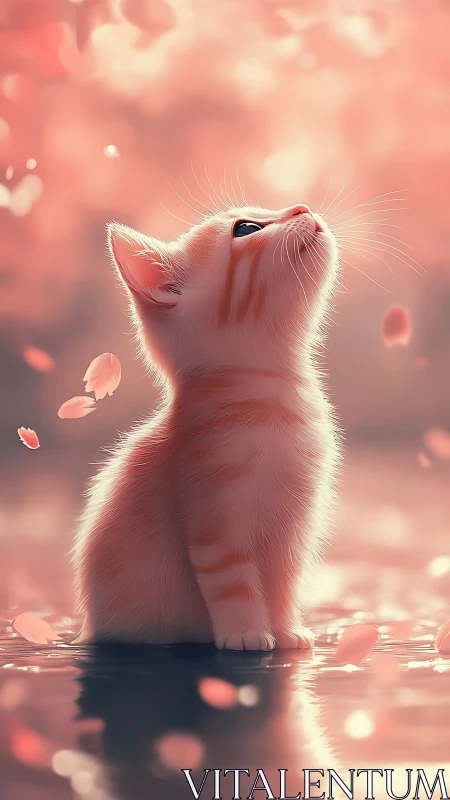 White kitten gazing upward among soft pink bokeh particles and falling petals.