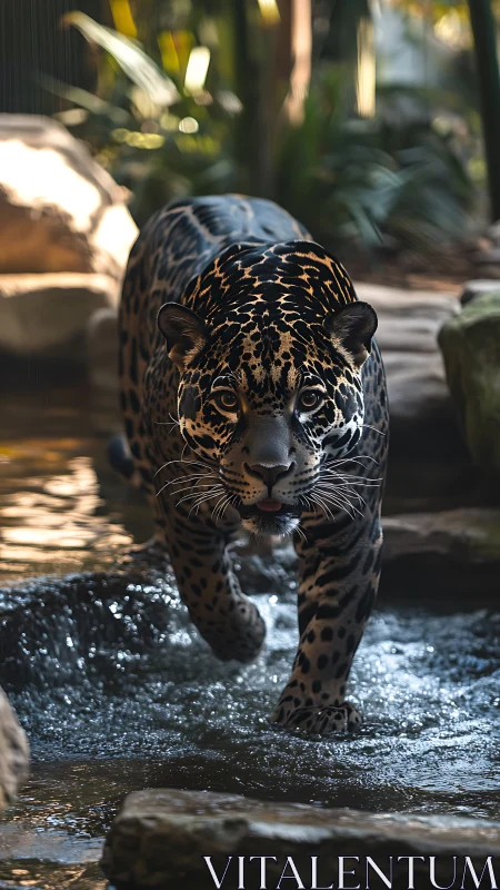Jaguar strides through sunlit stream in lush tropical habitat