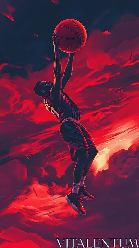 Basketball player soars toward the hoop through blazing skies