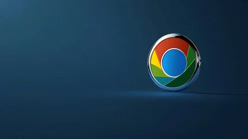 Chrome style circular logo on dark blue gradient background.