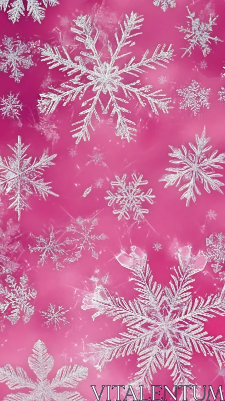 Sparkling snowflakes dance gently on a bright pink sky